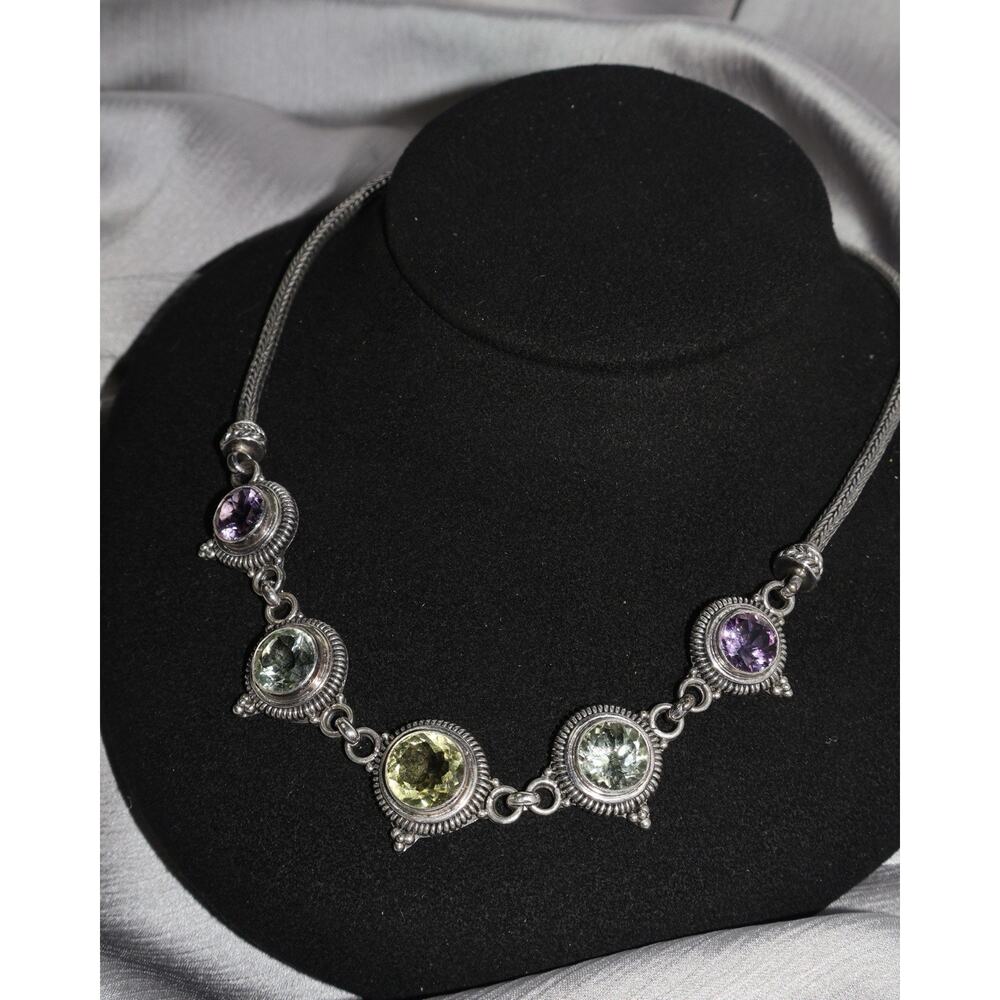 Vintage Bali-style Sterling Silver Multicolor Gemstone Necklace 42.1G / 16in